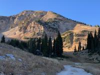 Another view of Mount Baldy. The deep scar in the right third of the photo is the Tombstone area. The scree slope on the left below Baldy is the Ballroom area.