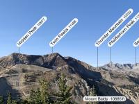 Looking west down the ridgeline between Utah County and Salt Lake County. Twin Peaks are the highest in Salt Lake County.