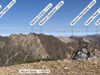 Looking north from Mount Baldy at the Cottonwood ridgeline. Mount Raymond, Kessler Peak, and Gobblers Knob are peaks on the next ridgeline north.