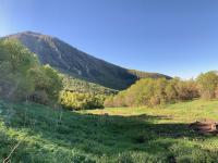 Looking back to Big Baldy and upper Battle Creek canyon. A spring capture structure at the edge of the shadow near center of picture.