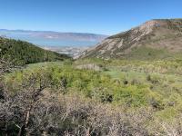 View of Utah Valley from the top of Grove Creek. Mahogany Moutain on the right. Indian Springs is just visible to the right where the maples and aspen stand merge.