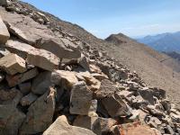 Typical quartzite talus on South Timpanogos ridge. Unnamed peak to the right.